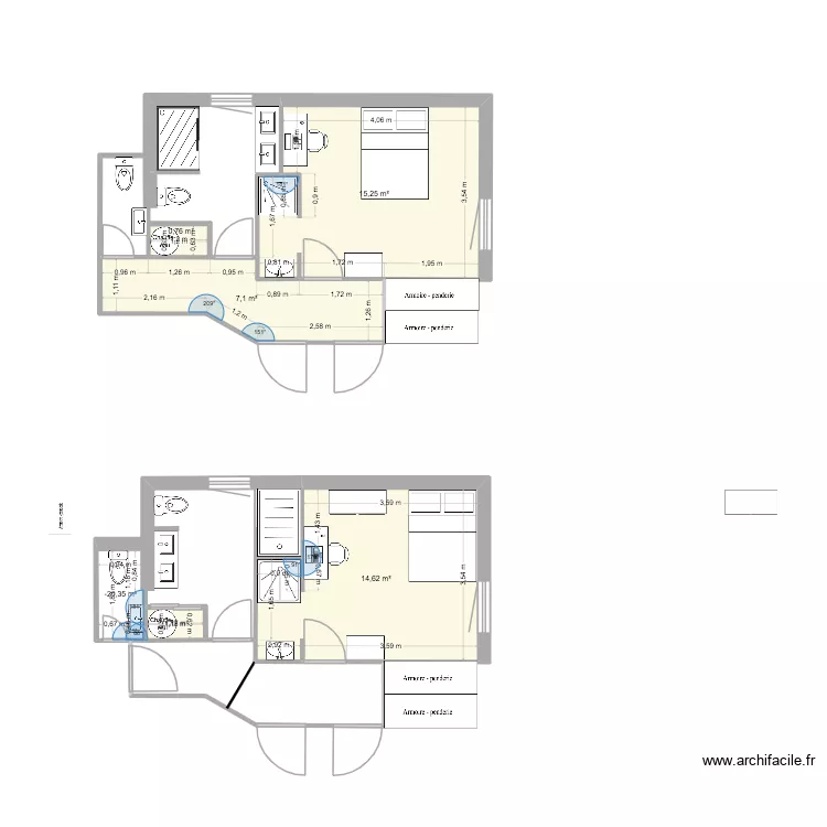 chambre / SDB. Plan de 6  et 40 m²