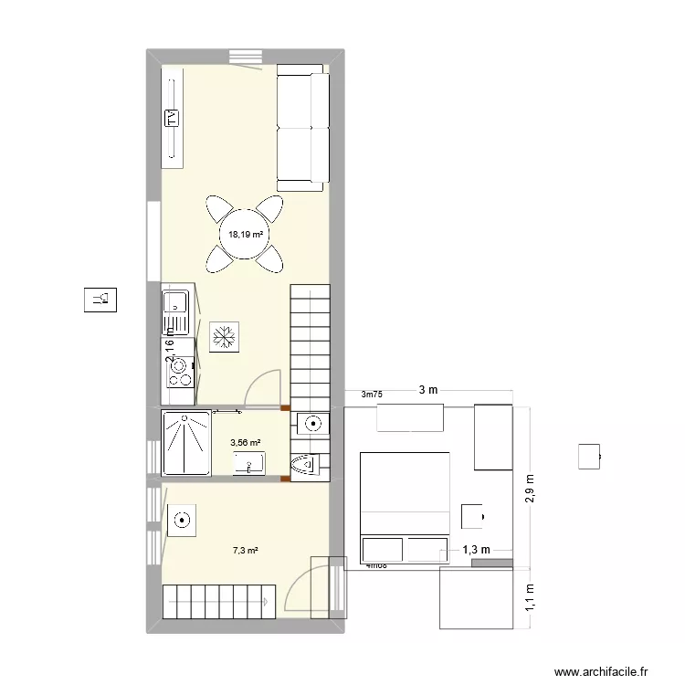 studio mezz. Plan de 3  et 29 m²