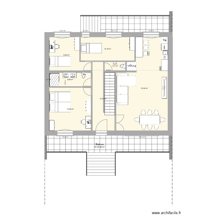 RDC 3 ch  2 Wc. Plan de 8 pièces et 84 m2