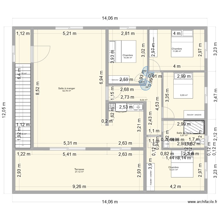 Ossombé étage. Plan de 10 pièces et 149 m2
