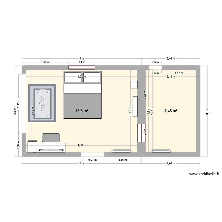 Chambre. Plan de 2 pièces et 24 m2