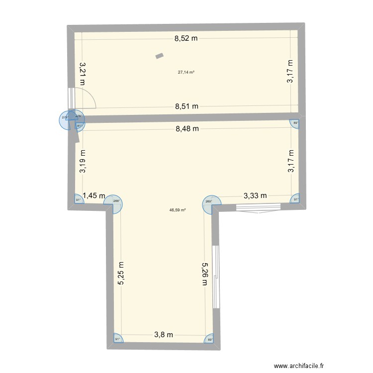 Vue dessus. Plan de 2 pièces et 74 m2