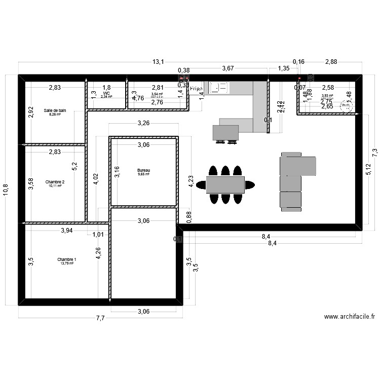 Maison avec coin salon. Plan de 7 pièces et 52 m2