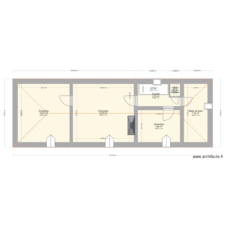 etage maison. Plan de 7 pièces et 59 m2