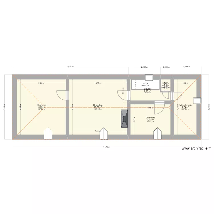 etage maison. Plan de 7 pièces et 59 m²