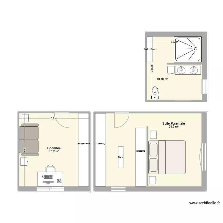 Suite parentale + SDB + 1 Chambre. Plan de 3 et 49 m² Suite parentale + SDB + 1 Chambre. Plan de 3 et 49 m²