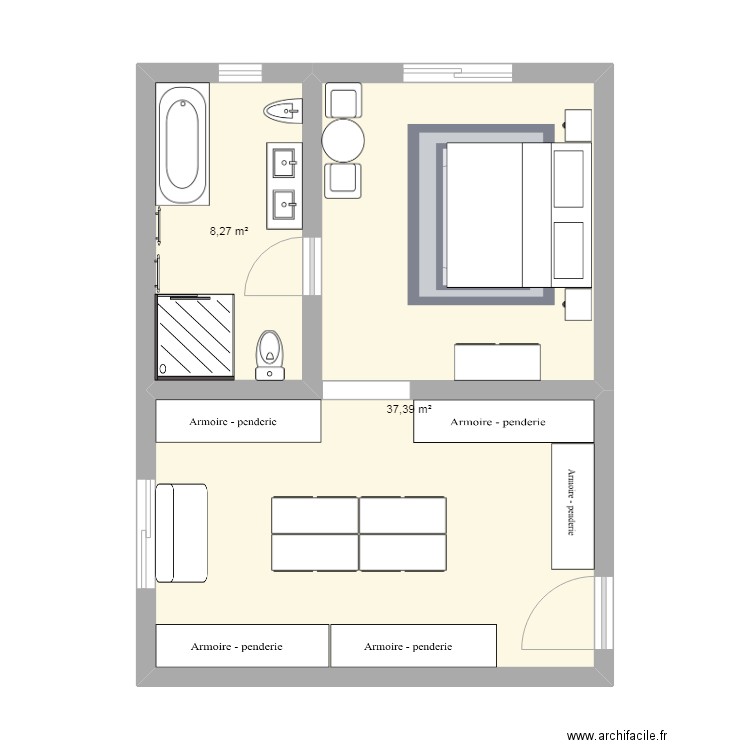 plan aménagement chambre  . Plan de 2 pièces et 46 m2