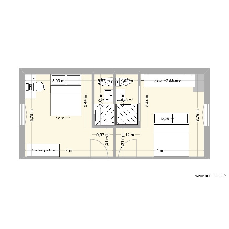 chambres. Plan de 4 pièces et 29 m2