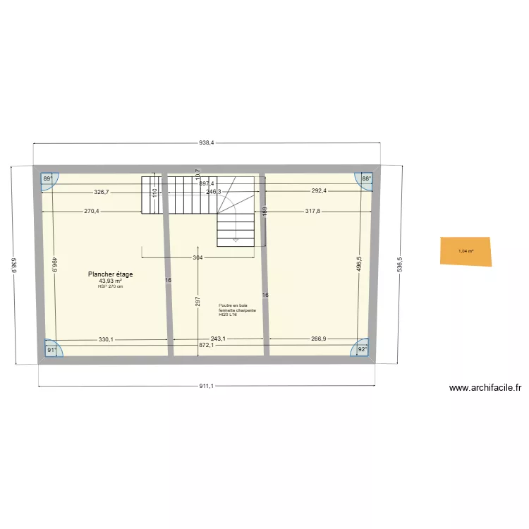Plancher étage avec poutres et trémie. Plan de 1 et 44 m² Plancher étage avec poutres et trémie. Plan de 1 et 44 m²