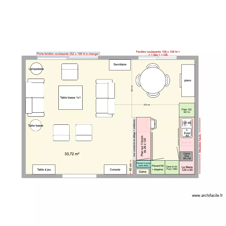 Cuisine en U + piano. Plan de 