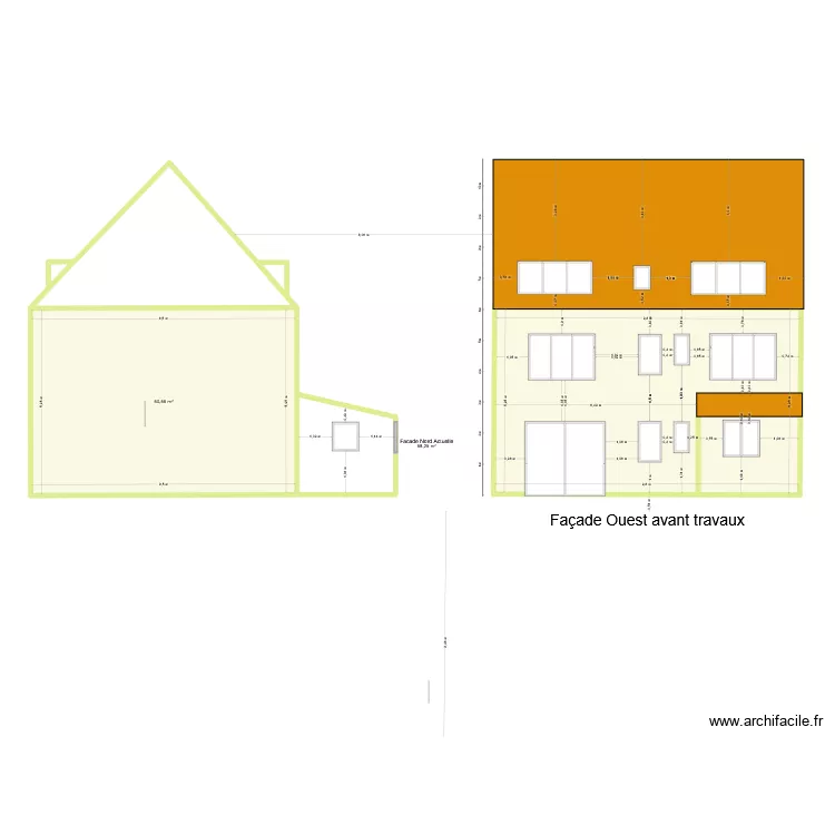 Plan de facade et toiture arri&egrave;re avant travaux. Plan de 2  et 109 m²