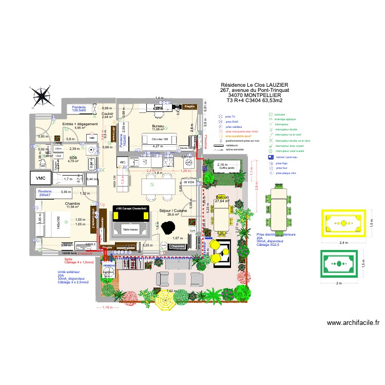 T3 C3404 _ R&eacute;sidence Le Clos Lauzier 4 (table creme 1,3 + chaises moutarde). Plan de 0 pièce et 0 m2