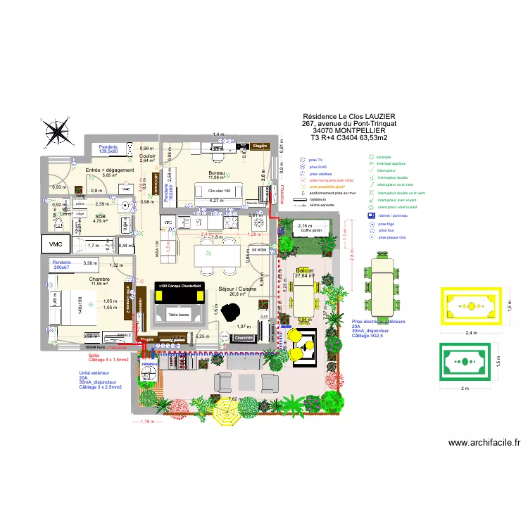 T3 C3404 _ R&eacute;sidence Le Clos Lauzier 4 (table creme 1,3 + chaises moutarde). Plan de 8  et 91 m²