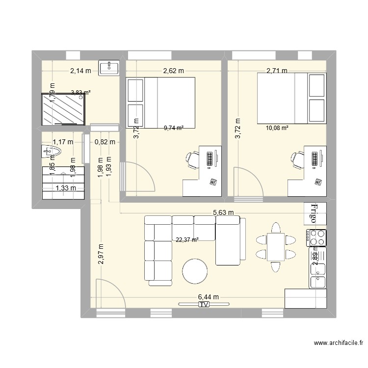Plessis 46m² plan 1. Plan de 4 pièces et 46 m2