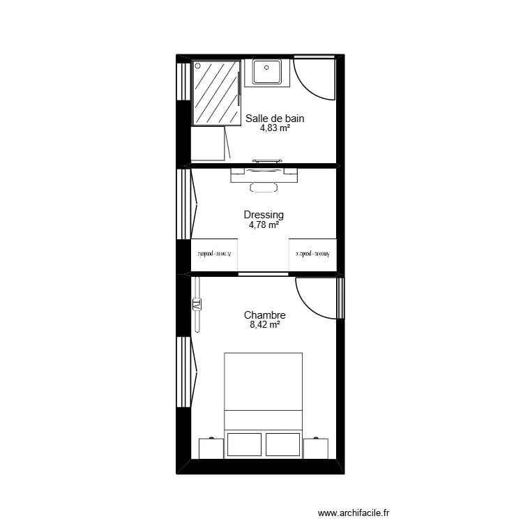 Ch/SDB. Plan de 3  et 18 m²