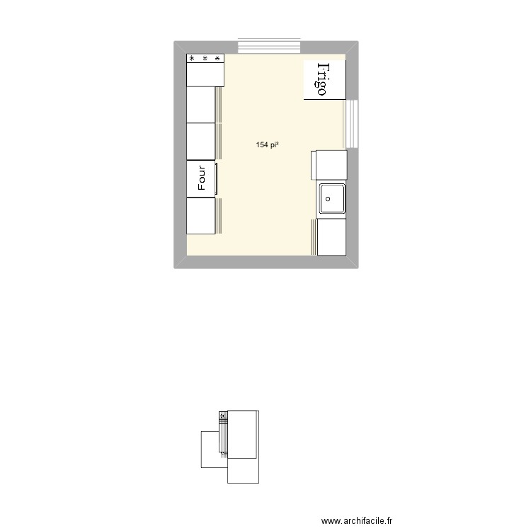 Cuisine vide. Plan de 1 pièce et 14 m2