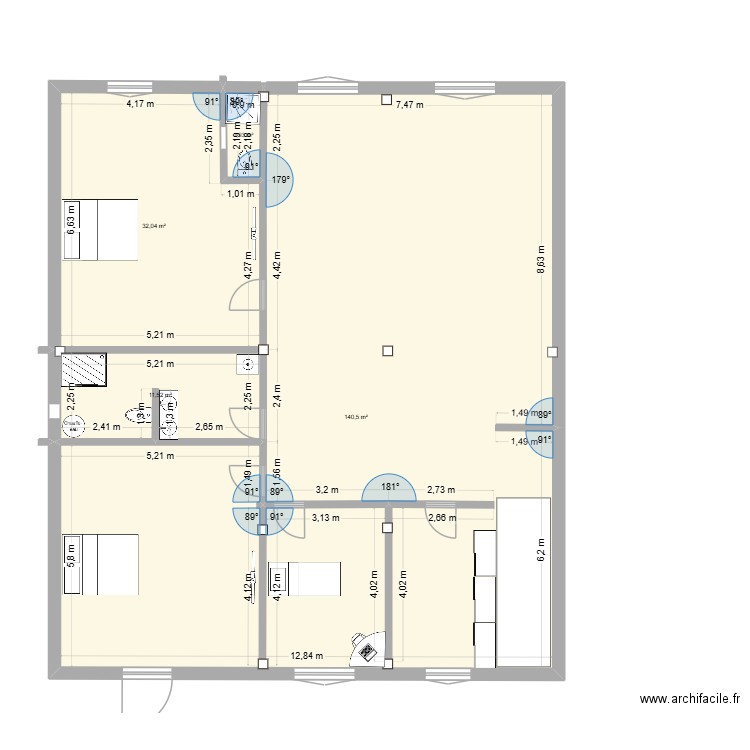RUI appart-cloisons. Plan de 4 pièces et 186 m2