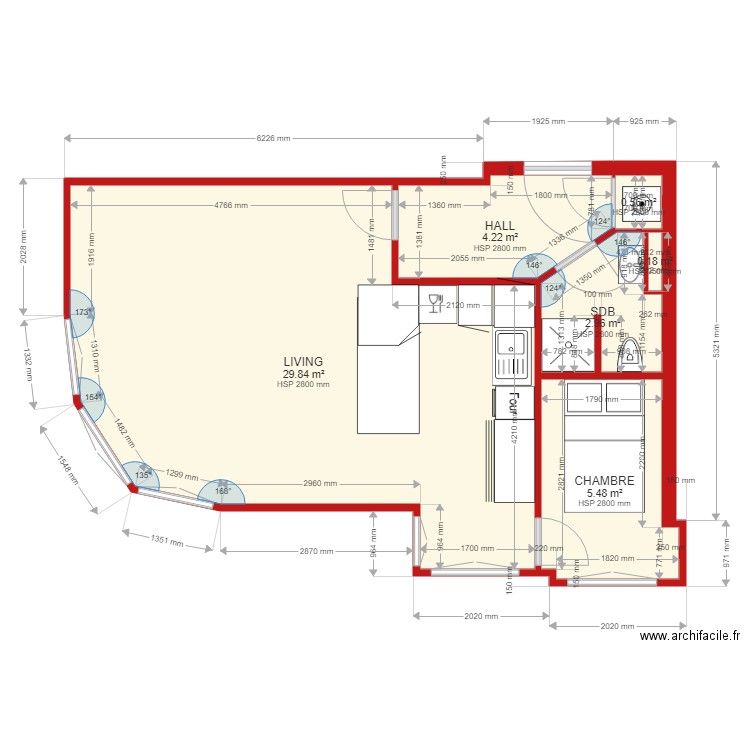 FLAT GAUCHE SITUATION PROJETEE LIT 1200X2000 avec cuisine. Plan de 6 pièces et 43 m2