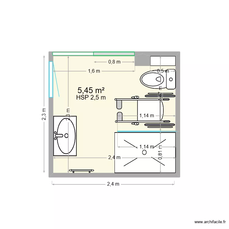Salle de douche parentale v3. Plan de 1  et 5 m²