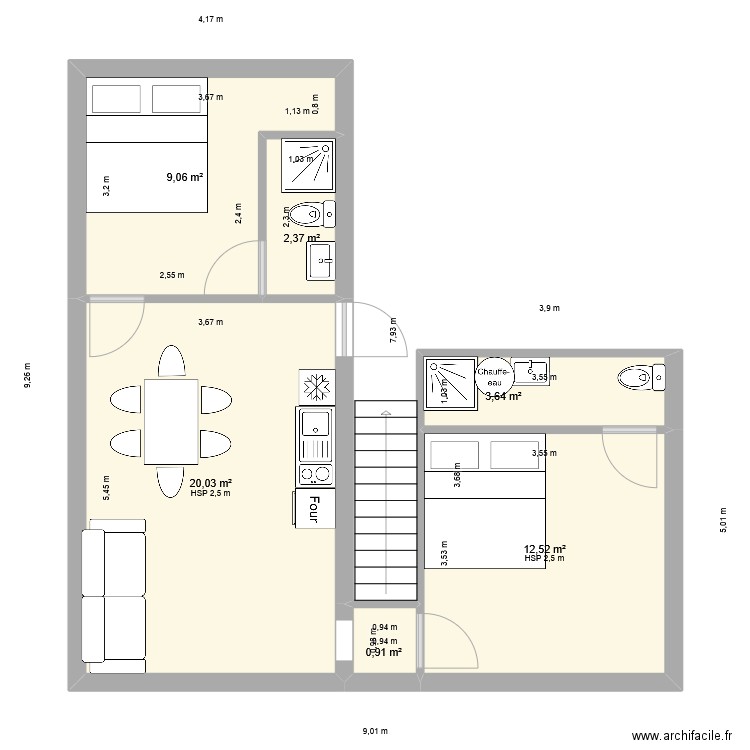apparte 1 et 2 coulazou. Plan de 6 pièces et 49 m2