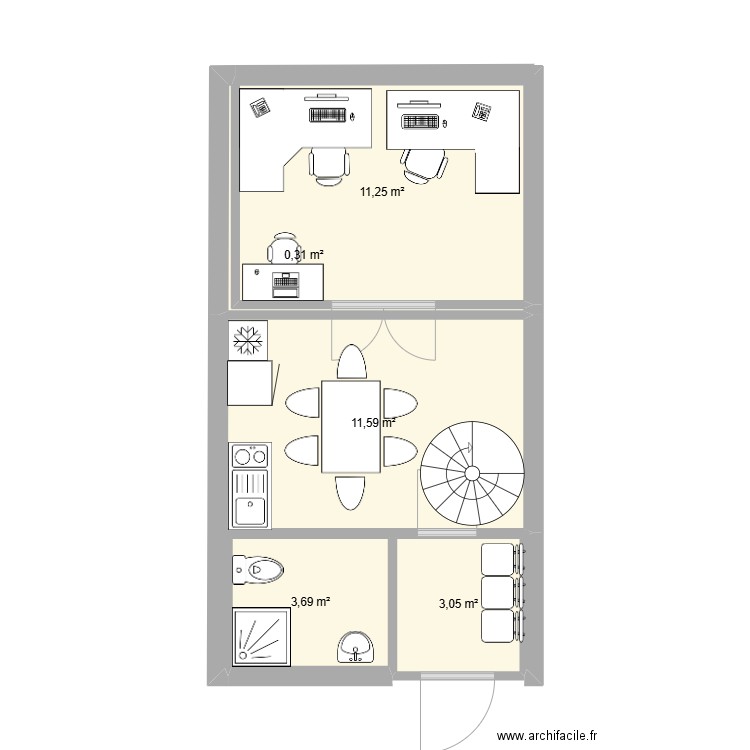 Bureau 2. Plan de 5 pièces et 30 m2