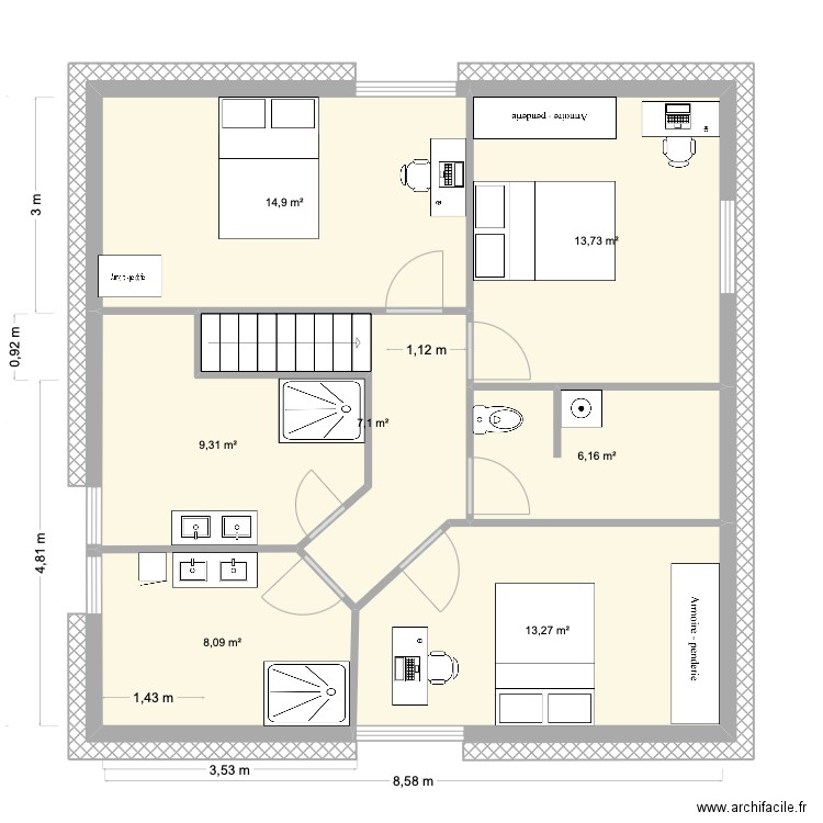 2e étage Coloc SDB centrale. Plan de 7 pièces et 73 m2