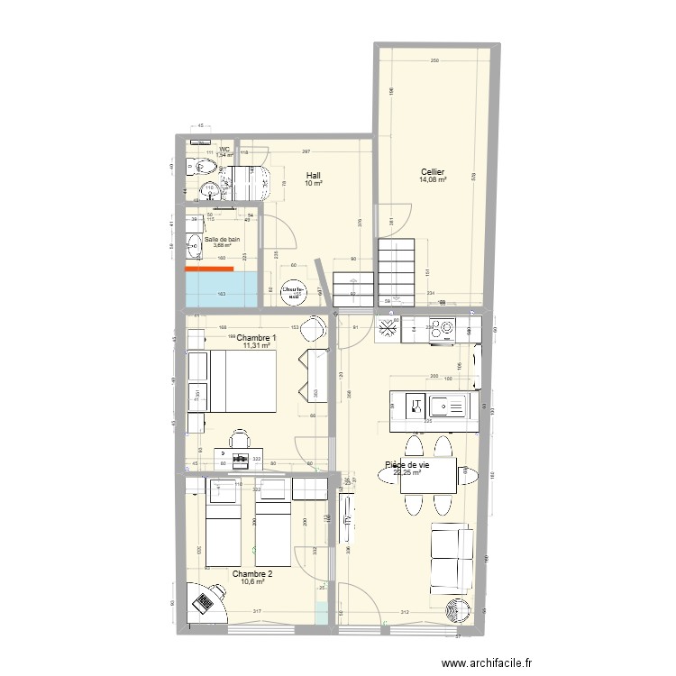 45 Ri. Plan de 7 pièces et 73 m2