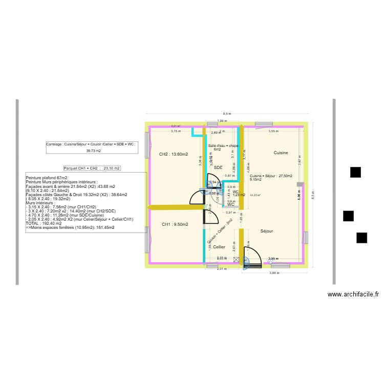 Mesures peinture & carrelage métré vérifié. Plan de 4 pièces et 68 m2