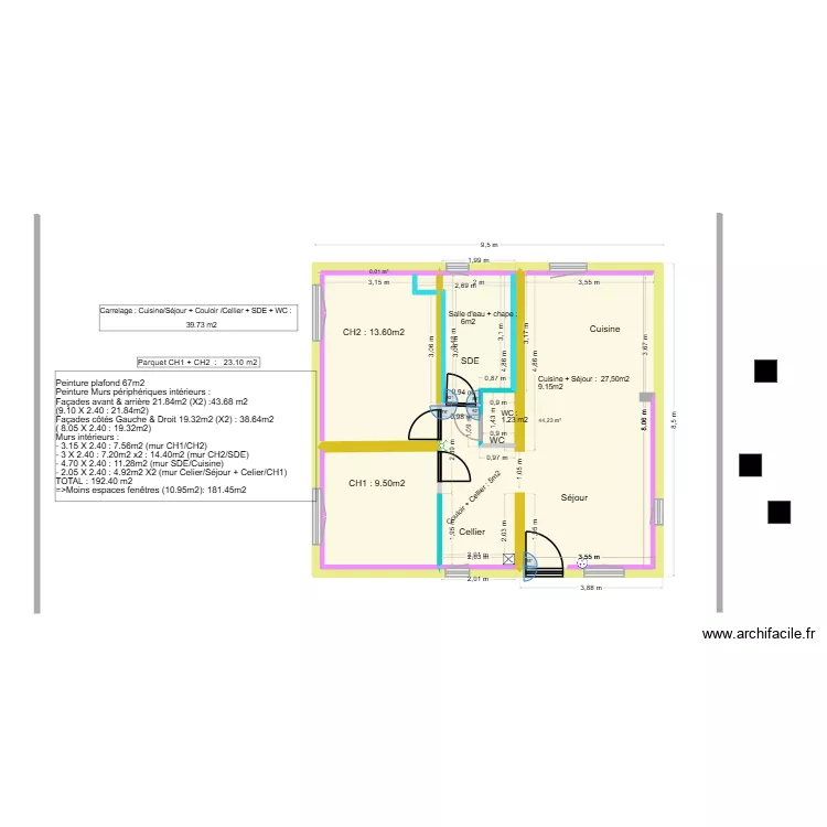 Mesures peinture & carrelage m&eacute;tr&eacute; v&eacute;rifi&eacute;. Plan de 