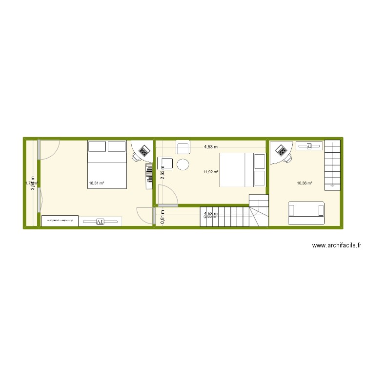 1er étages. Plan de 5 pièces et 44 m2