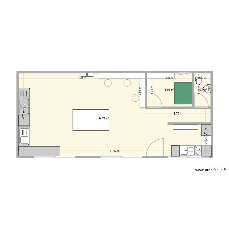 atelier ceramique. Plan de 3 pièces et 52 m2