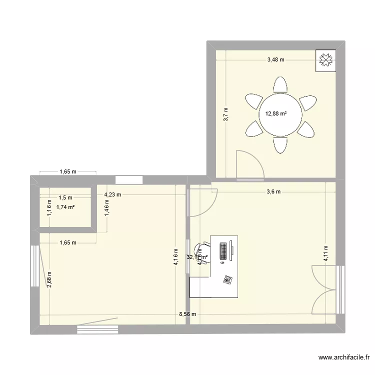 BUR. Plan de 3  et 47 m²