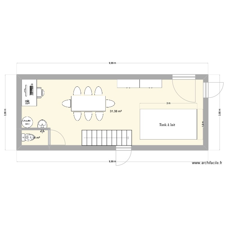 Laiterie. Plan de 2 pièces et 33 m2