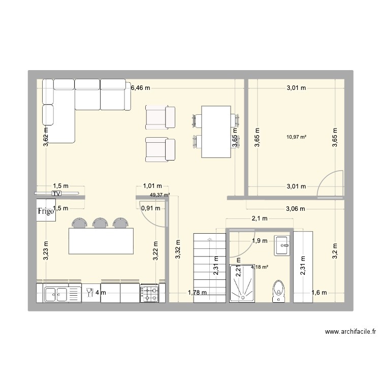 Plan idéal 1. Plan de 3 pièces et 65 m2