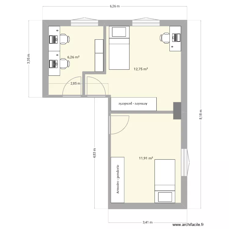 chambre Enzo. Plan de 3 pièces et 31 m²