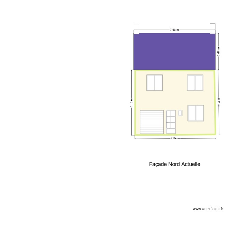 Facade nord. Plan de 1 pièce et 44 m2