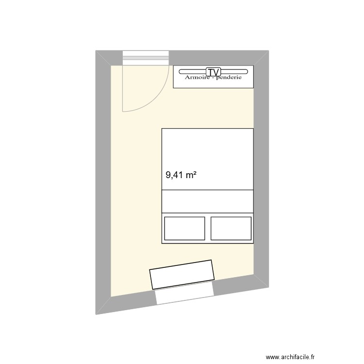 Chambre milieu. Plan de 1 pièce et 9 m2
