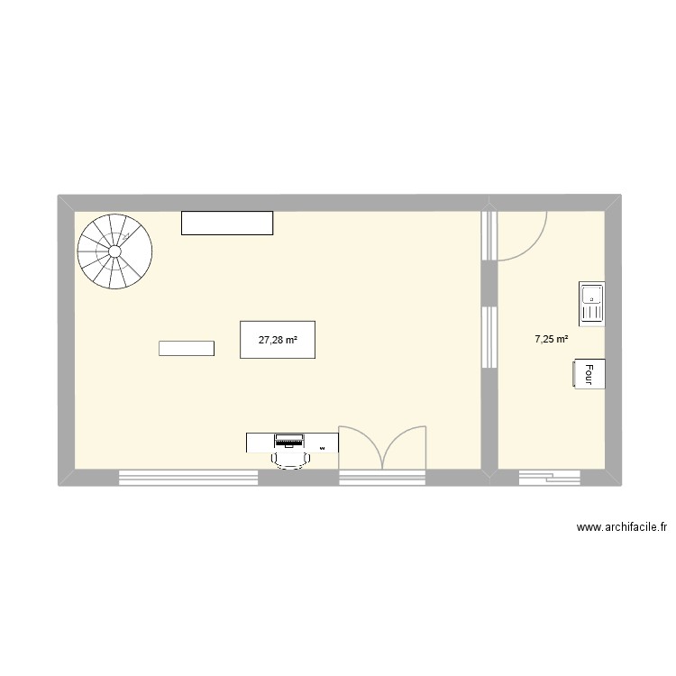 patisserie. Plan de 2 pièces et 35 m2