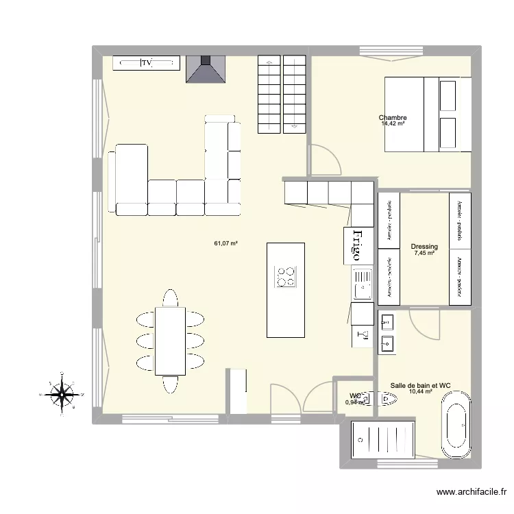 version &eacute;tage 1 avec porte d'entr&eacute;e. Plan de 5  et 94 m²