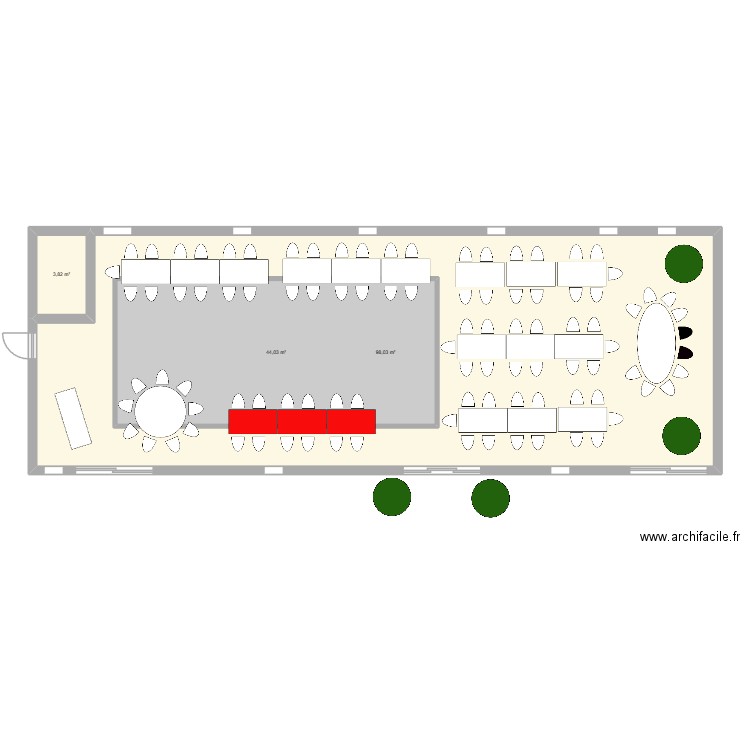 La grange longue table espacé + ronde avec sapin. Plan de 3 pièces et 193 m2