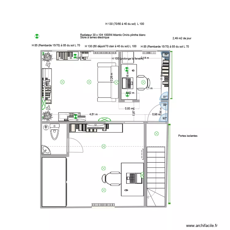 (def) Salon et bureau 3 fen&ecirc;tres sans porte bureau. Plan de 4  et 37 m²