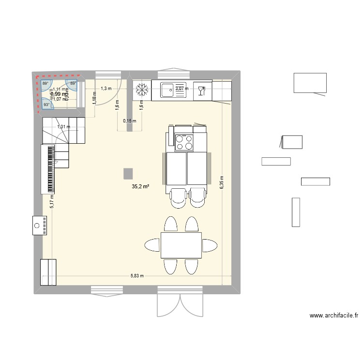 Cuisine ouverte test1 poteau. Plan de 2 pièces et 36 m2