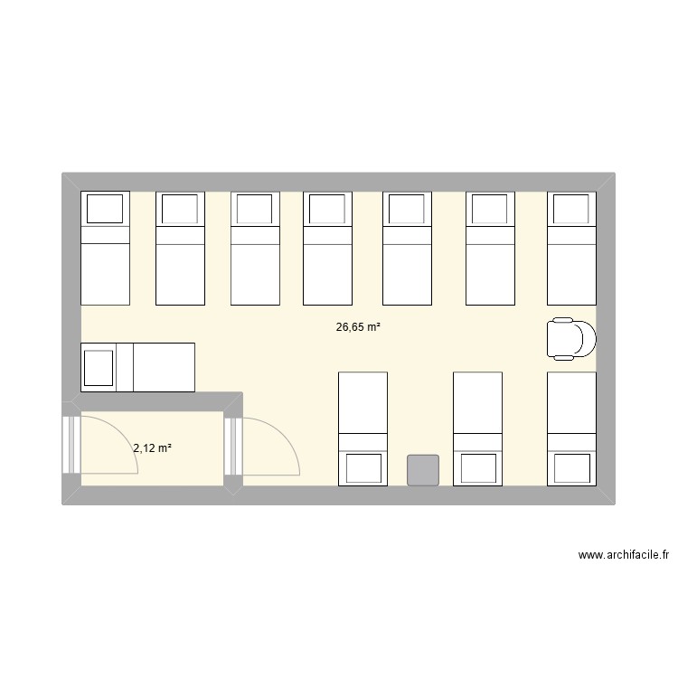 dortoir de gauche. Plan de 2 pièces et 29 m2
