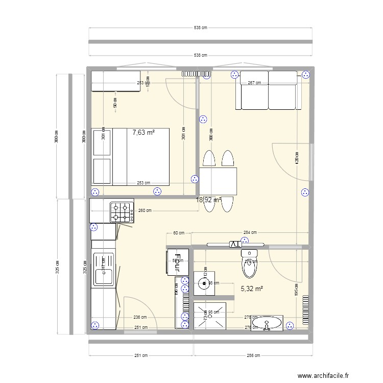 studio. Plan de 3 pièces et 32 m2