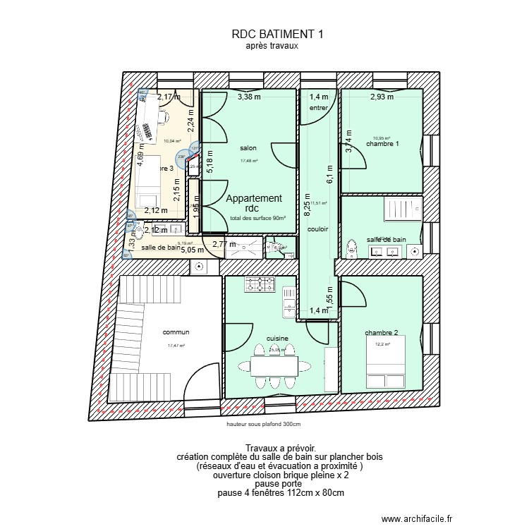 RDC Bâtiment 1 + aménagement T5 gite RBNB. Plan de 12 pièces et 108 m2