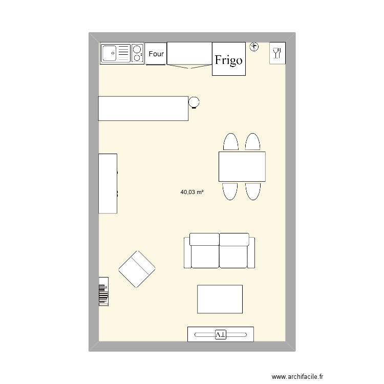 MP8 pièce de vie. Plan de 1 pièce et 40 m2