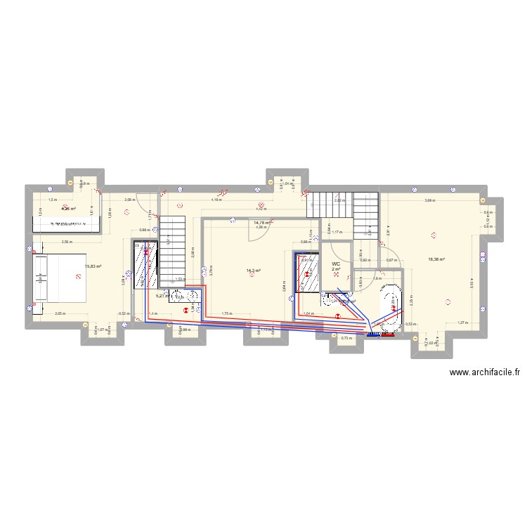 Etage Torcé Eau. Plan de 8 pièces et 83 m2
