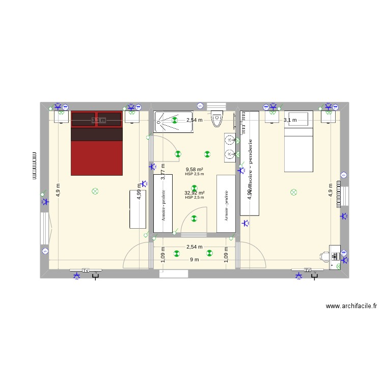 Hypothèse 3. Plan de 2 pièces et 43 m2