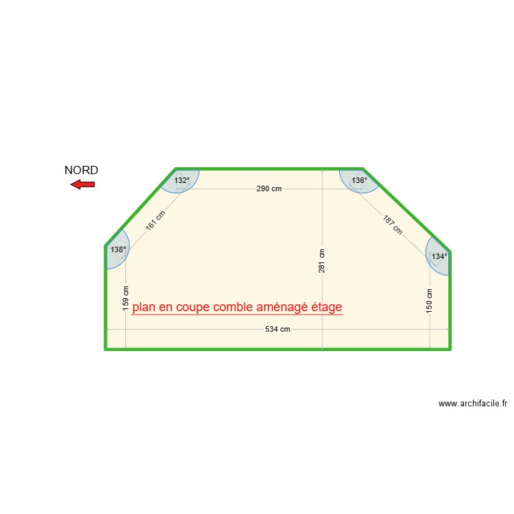 plan en coupe comble aménagé étage. Plan de 1 pièce et 13 m2