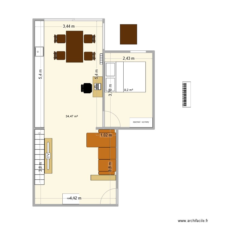 appartement Margaux. Plan de 2 pièces et 44 m2